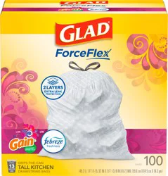 Glad ForceFlex Tall Kitchen Drawstring Trash Bags, 13 Gallon, Gain Moonlight Breeze with Febreze Freshness, 100 Count