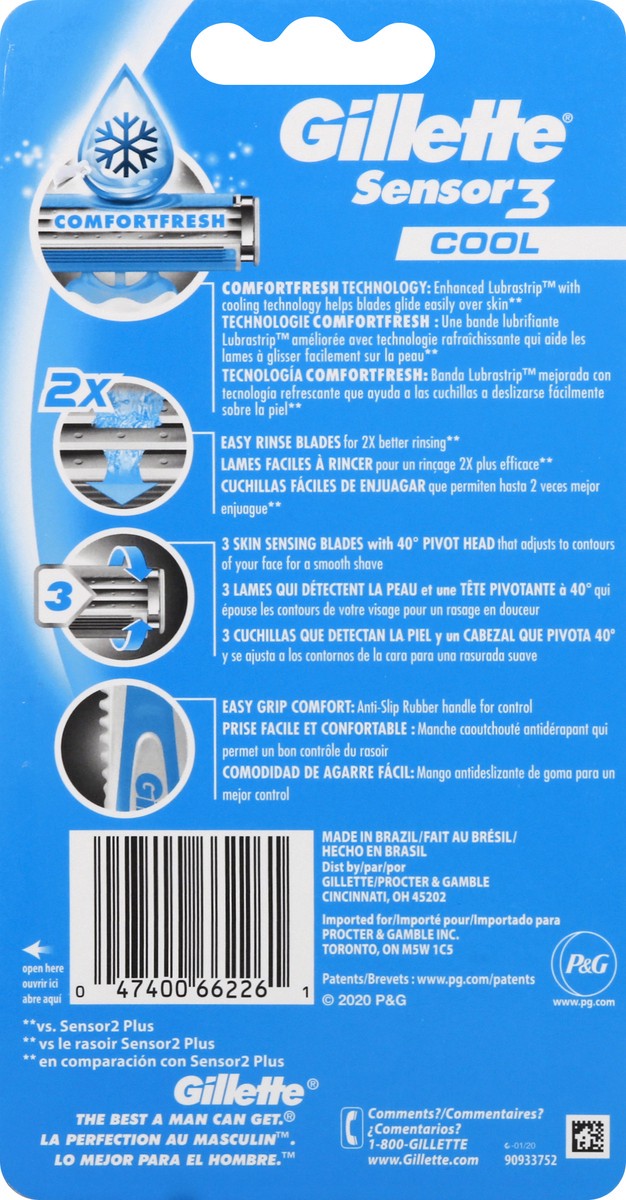 slide 4 of 8, Gillette Sensor3 Cool Men's Disposable Razor, 3 Razors, 3 ct