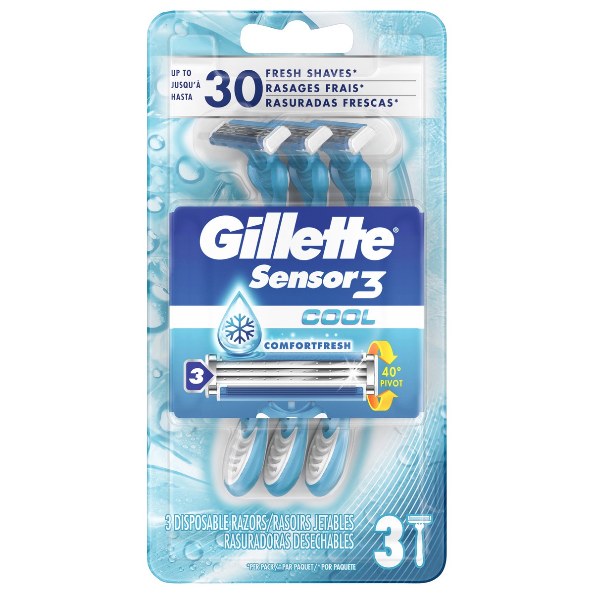 slide 1 of 8, Gillette Sensor3 Cool Men's Disposable Razor, 3 Razors, 3 ct