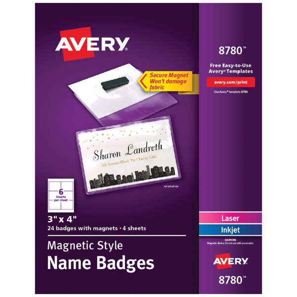 slide 1 of 1, Avery Magnetic Style Name Badge Kit, 3'' X 4'', Clear/White, Pack Of 24 Badges, 24 ct