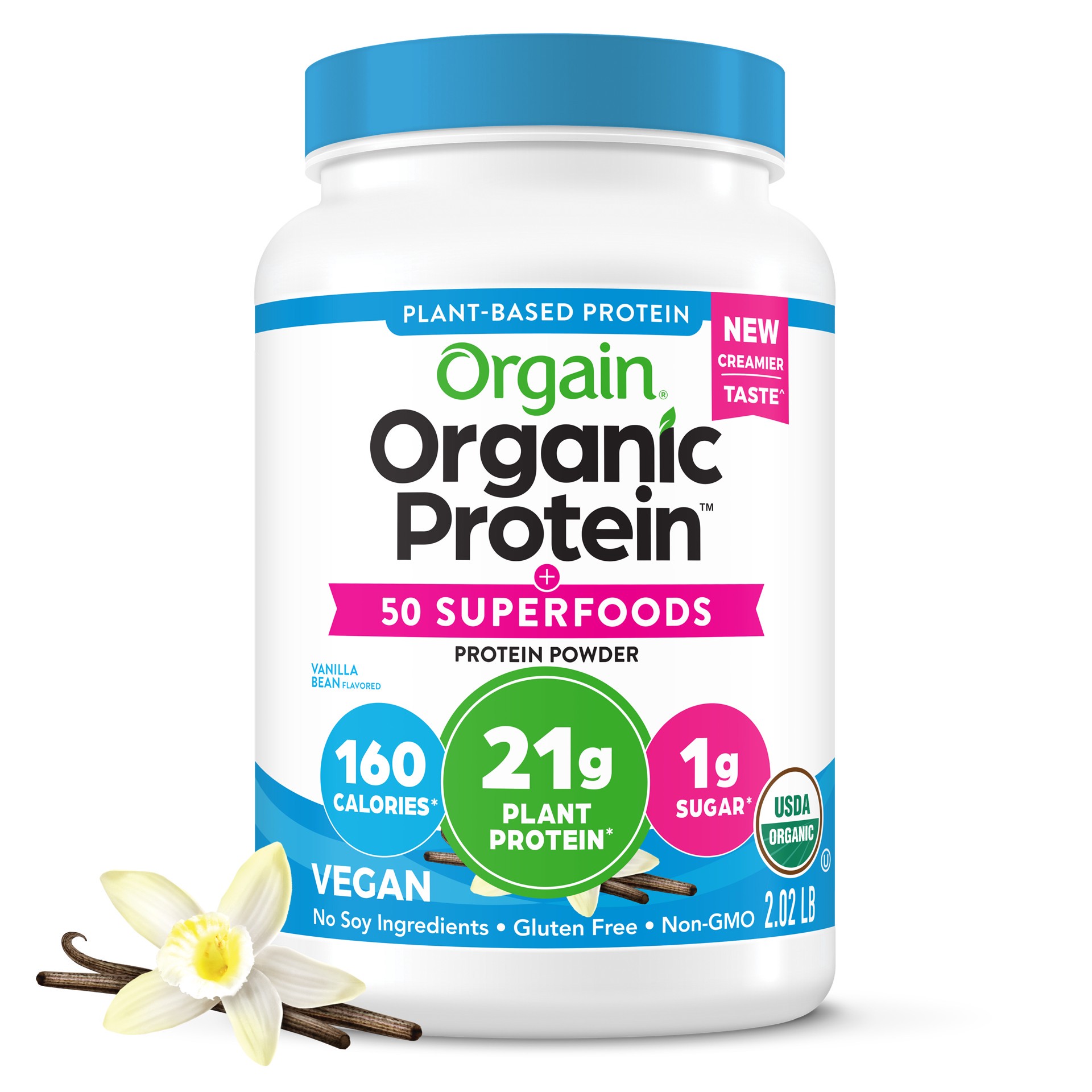 slide 1 of 9, Orgain Organic Vegan 21g Protein + 50 Superfoods Powder, Plant Based Shake Drink, Vanilla Bean 2.02lb, 32.3 oz