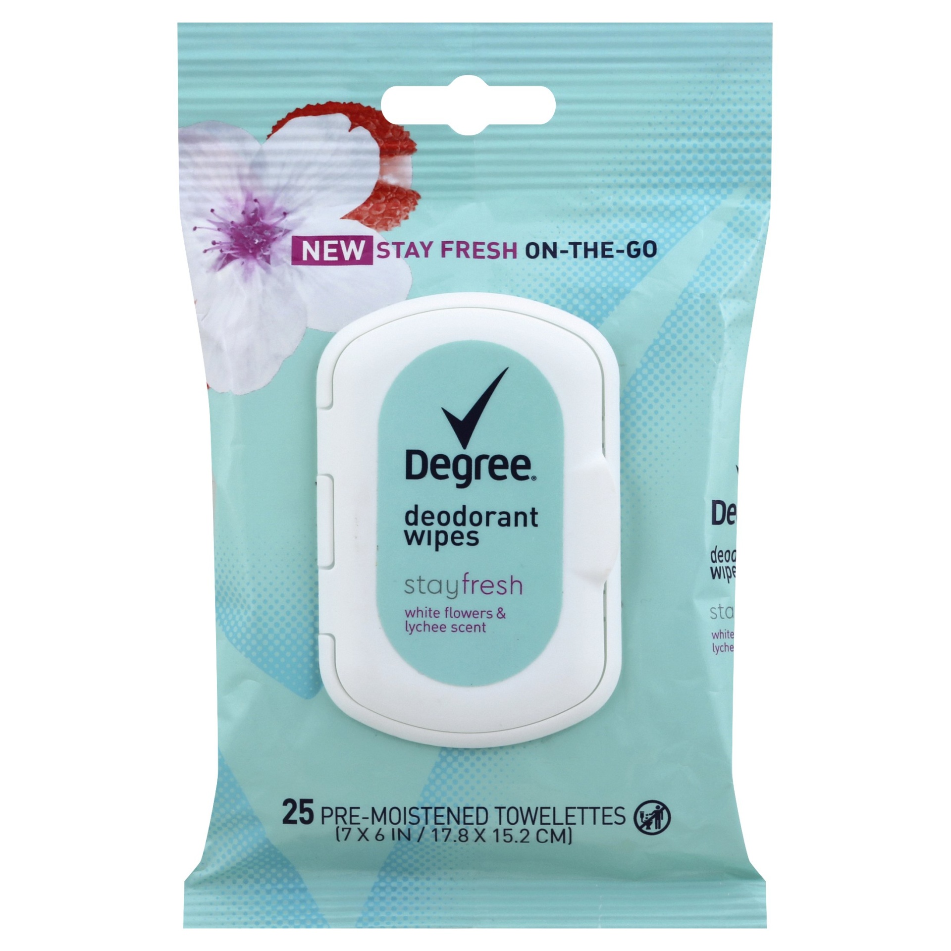 slide 1 of 1, Degree Stay Fresh On-The-Go White Flowers and Lychee Deodorant Wipes, 25 ct