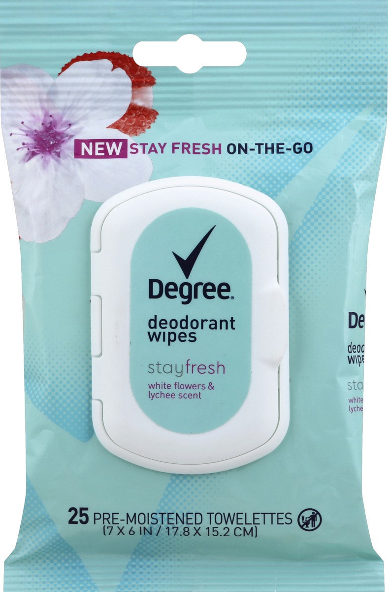 slide 3 of 5, Degree Stay Fresh On-The-Go White Flowers and Lychee Deodorant Wipes, 25 ct