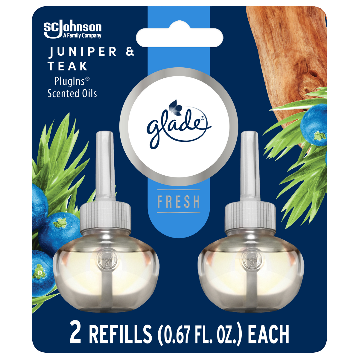 slide 1 of 29, Glade PlugIns Scented Oils Air Freshener Refills, Juniper & Teak, Fresh Collection, 0.67 fl oz Each, 2 Refills, 2 ct