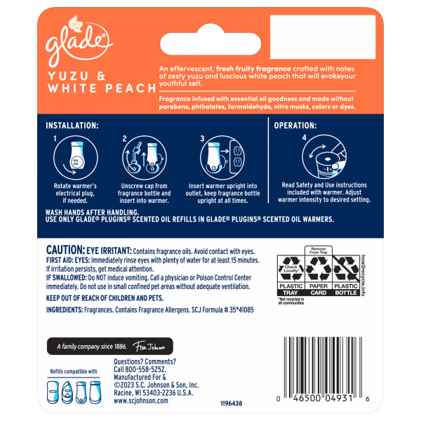 slide 4 of 29, Glade PlugIns Scented Oils Air Freshener Refills, Yuzu & White Peach, Fresh Collection, 0.67 fl oz Each, 2 Refills, 1.34 fl oz