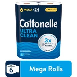 Cottonelle Ultra Clean Toilet Paper, Strong Toilet Tissue, 6 Mega Rolls (6 Mega Rolls = 24 Regular Rolls), 284 Sheets Per Roll