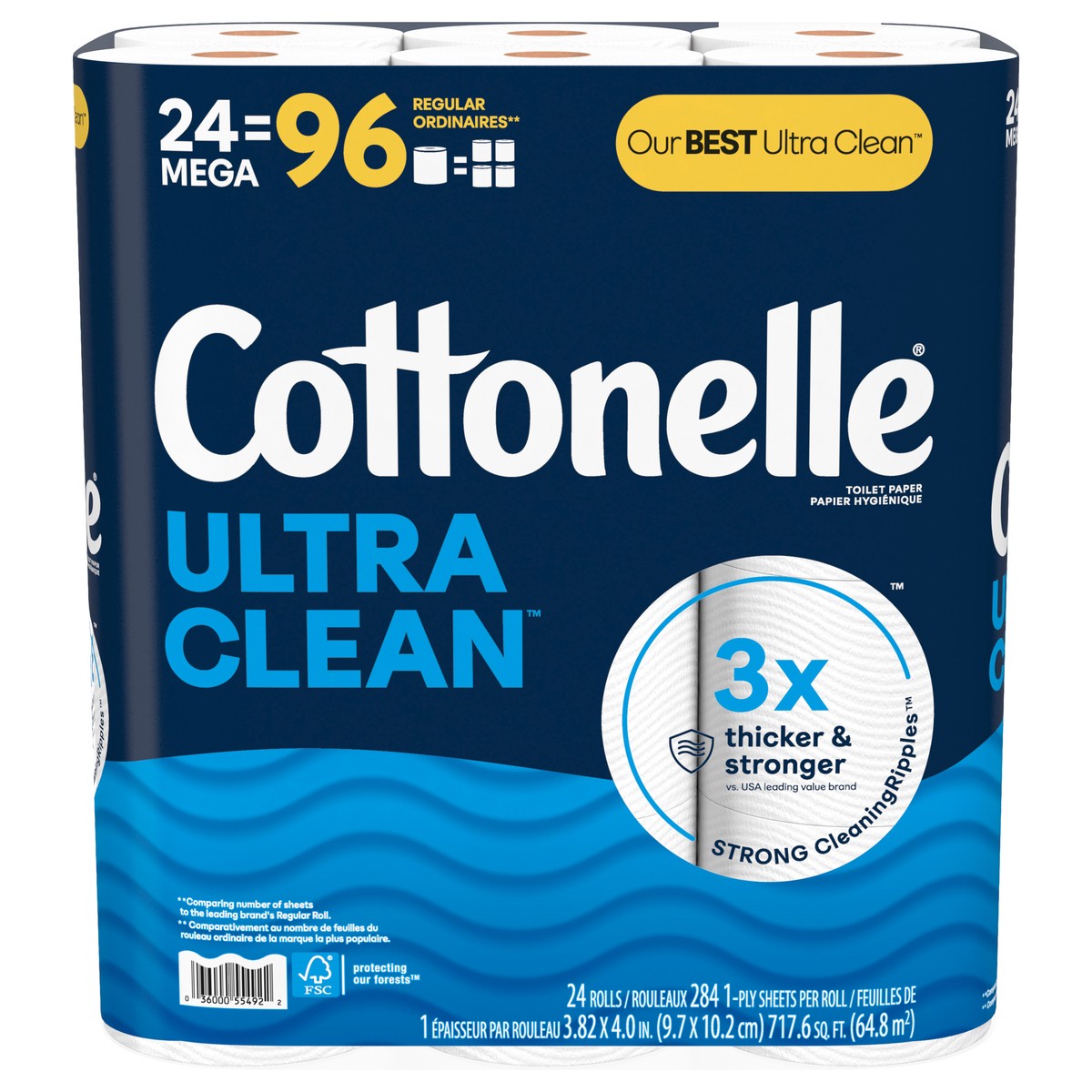 slide 5 of 11, Cottonelle Ultra Clean Toilet Paper, Strong Toilet Tissue, 24 Mega Rolls (24 Mega Rolls = 96 Regular Rolls), 284 Sheets Per Roll, 24 ct