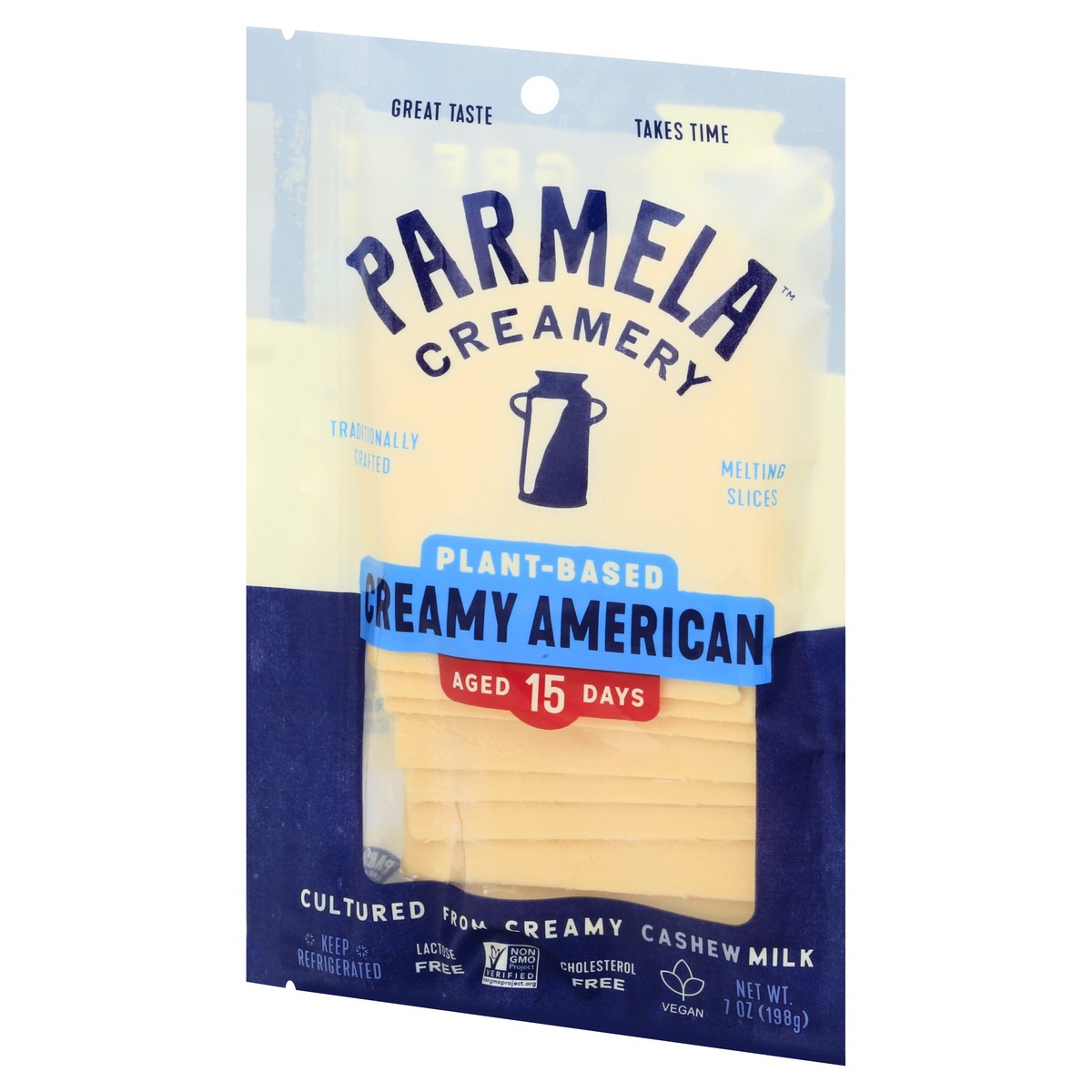 slide 9 of 13, Parmela Creamery Plant-Based Melting Slice Creamy American Cheese 7 oz, 7 oz