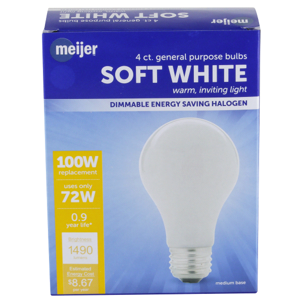 slide 1 of 5, Meijer 72W Energy Saving Halogen Bulb Soft White, 4 ct