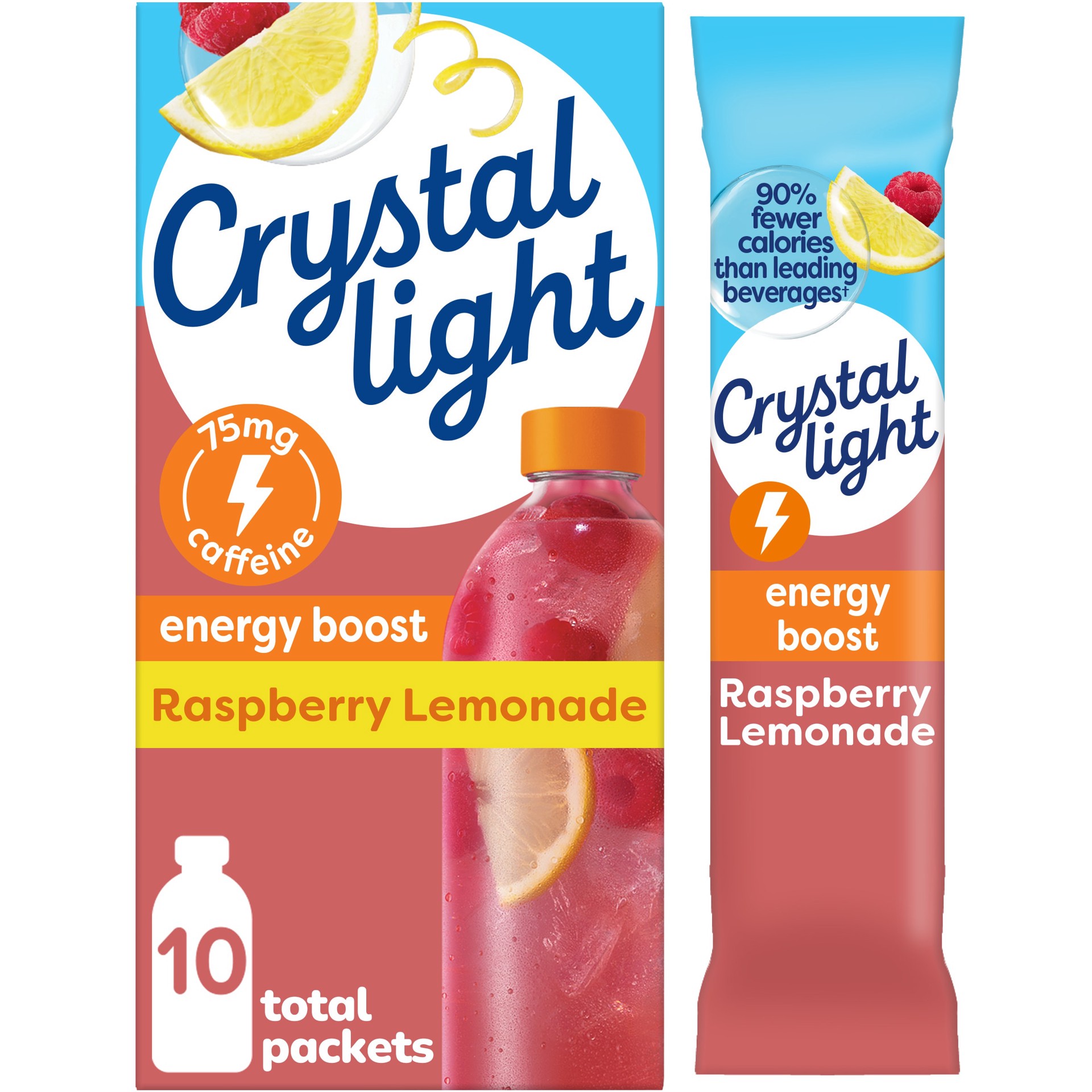 slide 1 of 10, Crystal Light Energy Boost Raspberry Lemonade artificially flavored Powdered Drink Mix, .09 oz Packets, 10 per Box, 0.9 oz