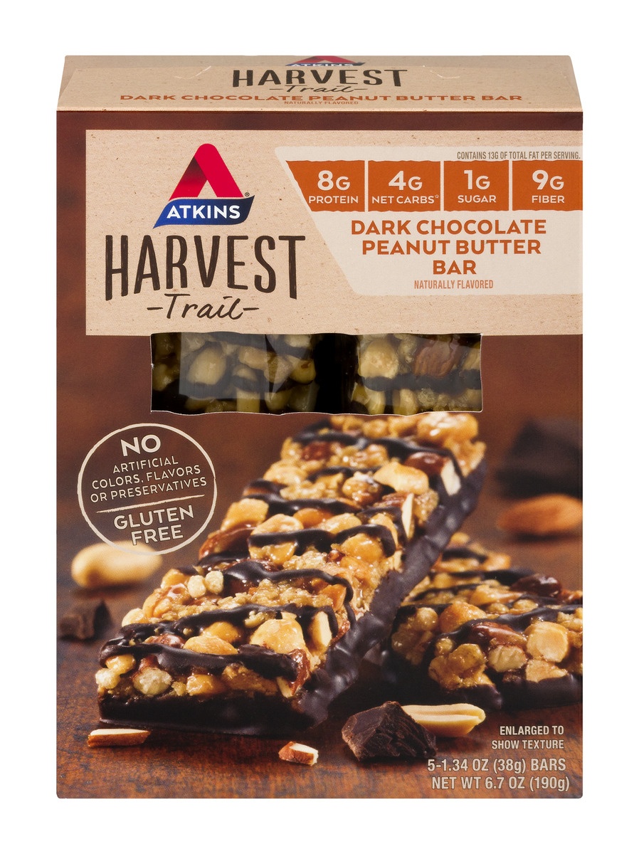 slide 1 of 1, Atkins Harvest Trail Dark Chocolate Peanut Butter Bars, 5 ct; 1.3 oz