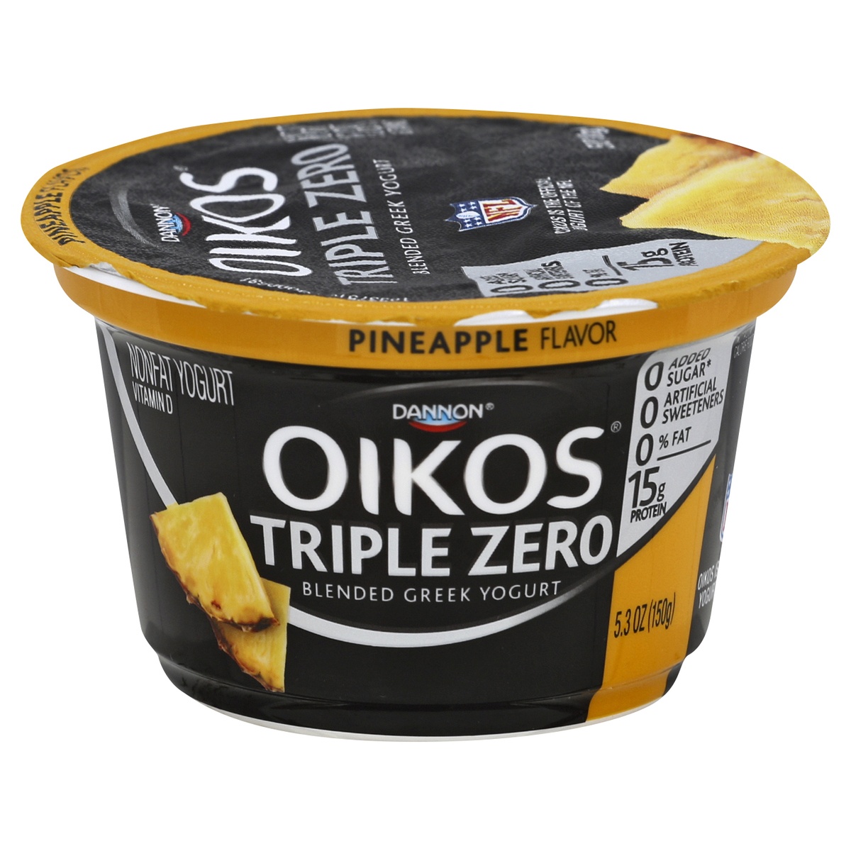 slide 1 of 1, Oikos Triple Zero Pineapple Flavor Blended Greek Yogurt, 5.3 oz