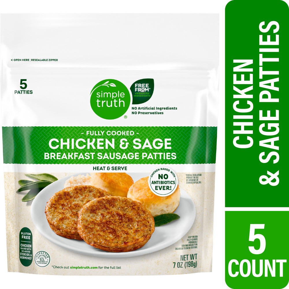slide 2 of 2, Simple Truth® Fully Cooked Chicken and Sage Breakfast Sausage Patties, 7 oz