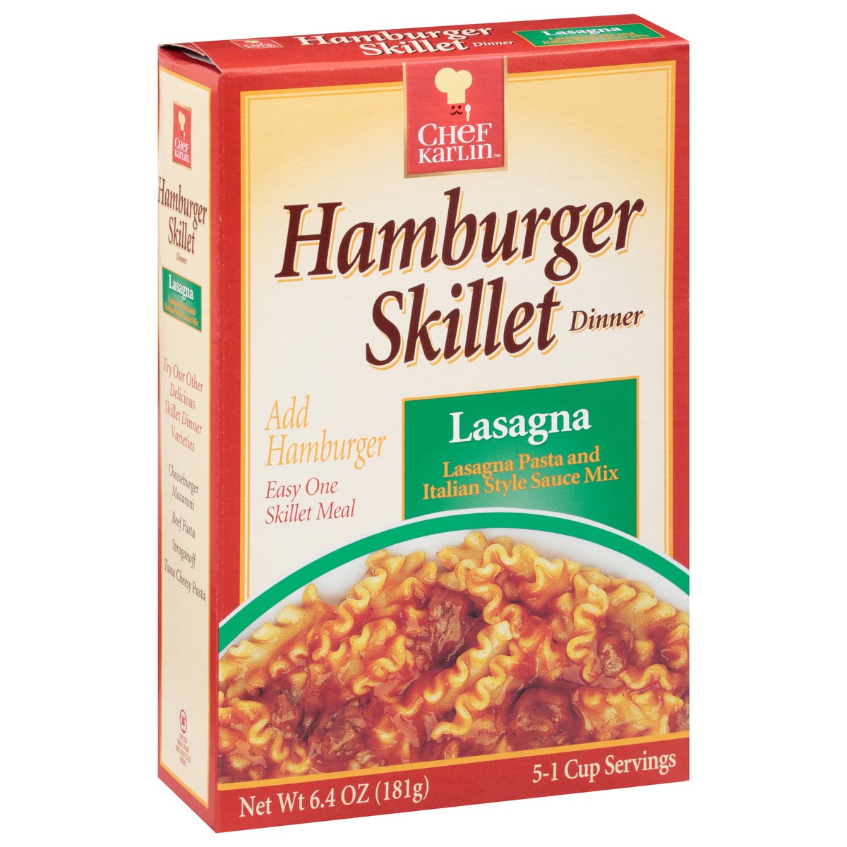 slide 2 of 13, Chef Karlin Lasagna Hamburger Skillet Dinner 6.4 oz, 6.4 oz