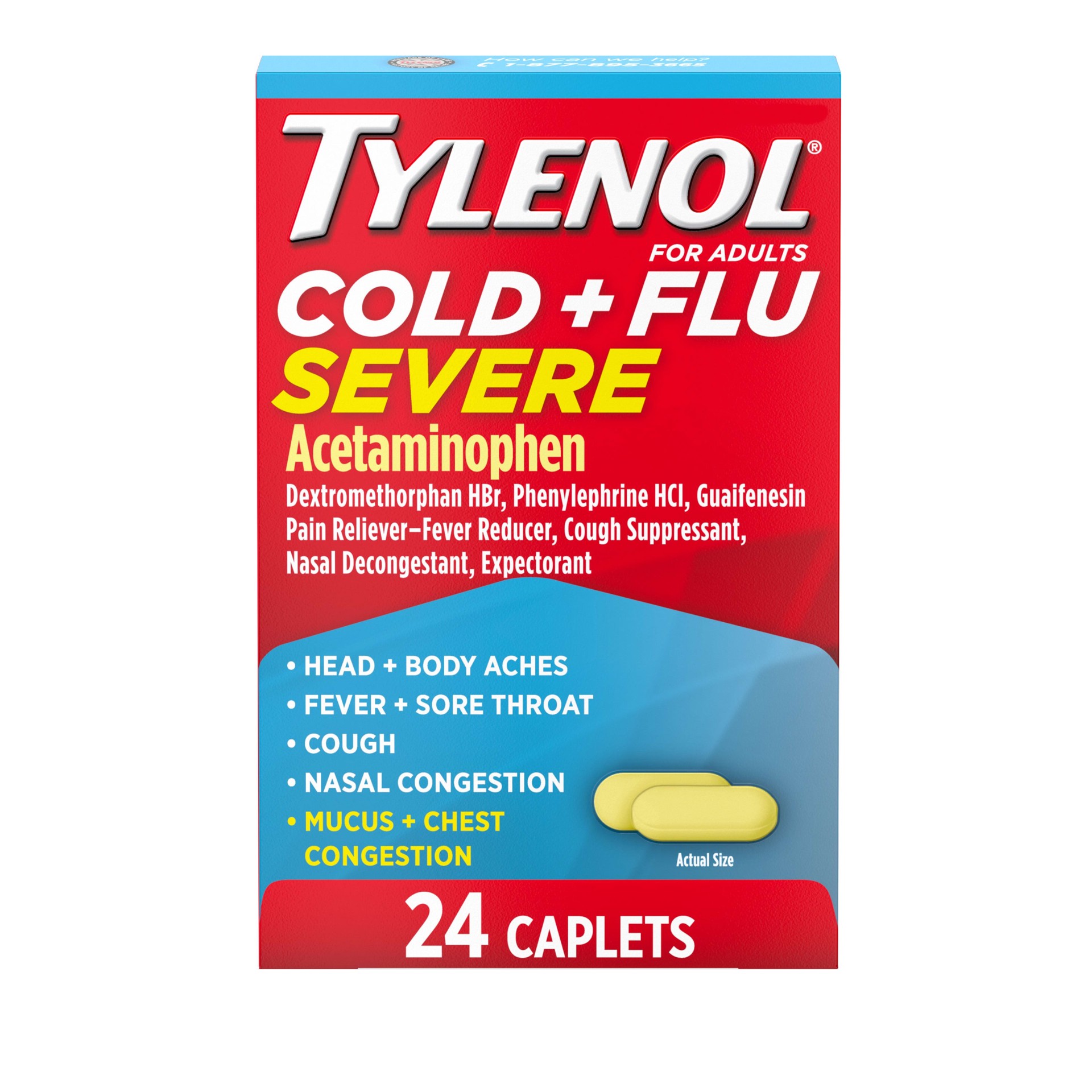 slide 1 of 9, Tylenol Cold + Flu Severe Medicine Caplets for Cold & Flu Symptom Relief, Fever Reducer, Pain Reliever, Cough Suppressant, Nasal Decongestant & Expectorant with Acetaminophen, 24 ct., 24 ct