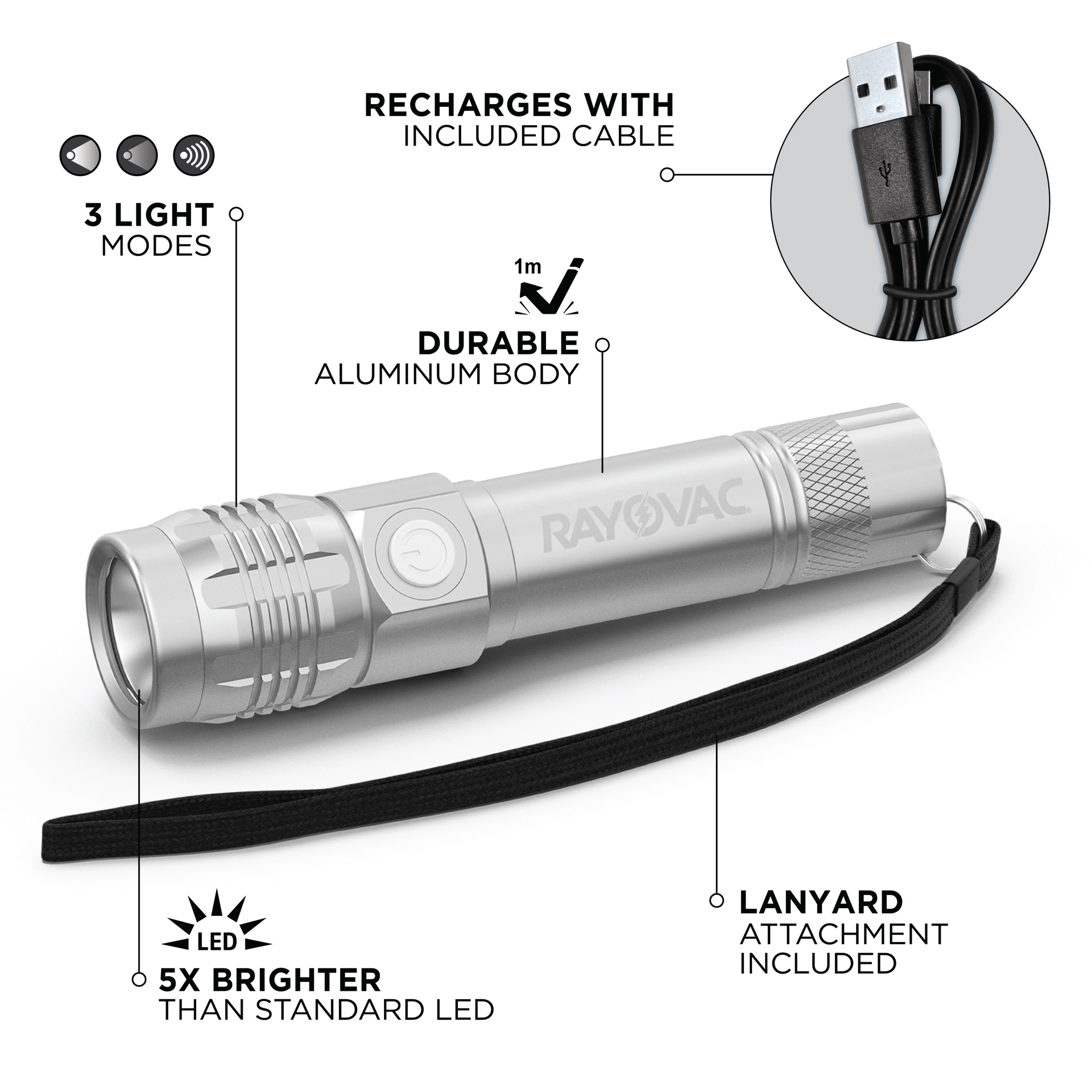 slide 3 of 6, Rayovac Value Metal Rechargeable Light, 320 Lumens, IPX4 Water Resistant, Durable Metal LED Light, Great Outdoor and Emergency LED Flashlight, Battery Included, 1 ct