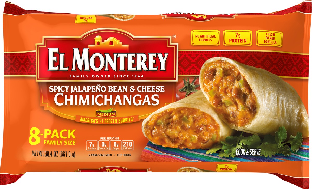 slide 1 of 8, El Monterey Family Size Spicy Jalapeno Bean & Cheese Chimichangas, 8 ct; 4 oz