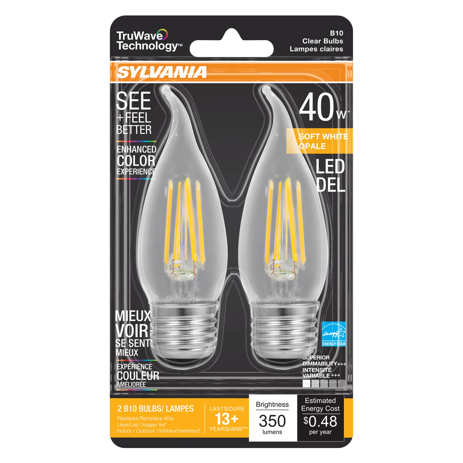 slide 1 of 1, Sylvania TruWave 40 Watt E26 Soft White Clear LED Light Bulbs, 2 ct