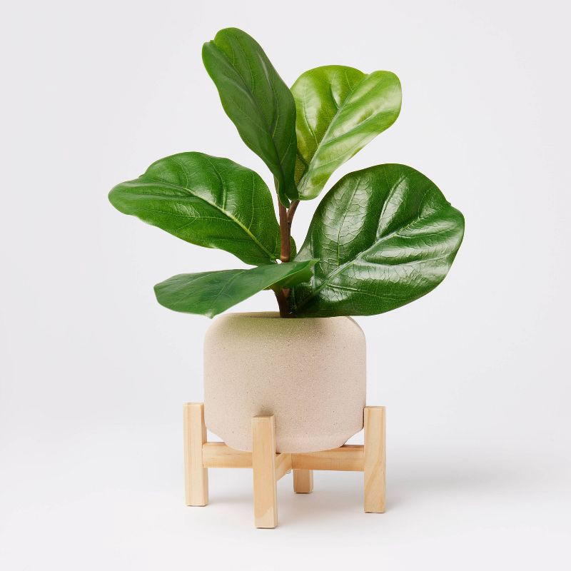 slide 1 of 4, 11.5" Faux Fiddle Leaf Plant with Stone Pot and Wooden Stand - Threshold™, 1 ct