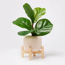 11.5&quot; Faux Fiddle Leaf Plant with Stone Pot and Wooden Stand - Threshold™