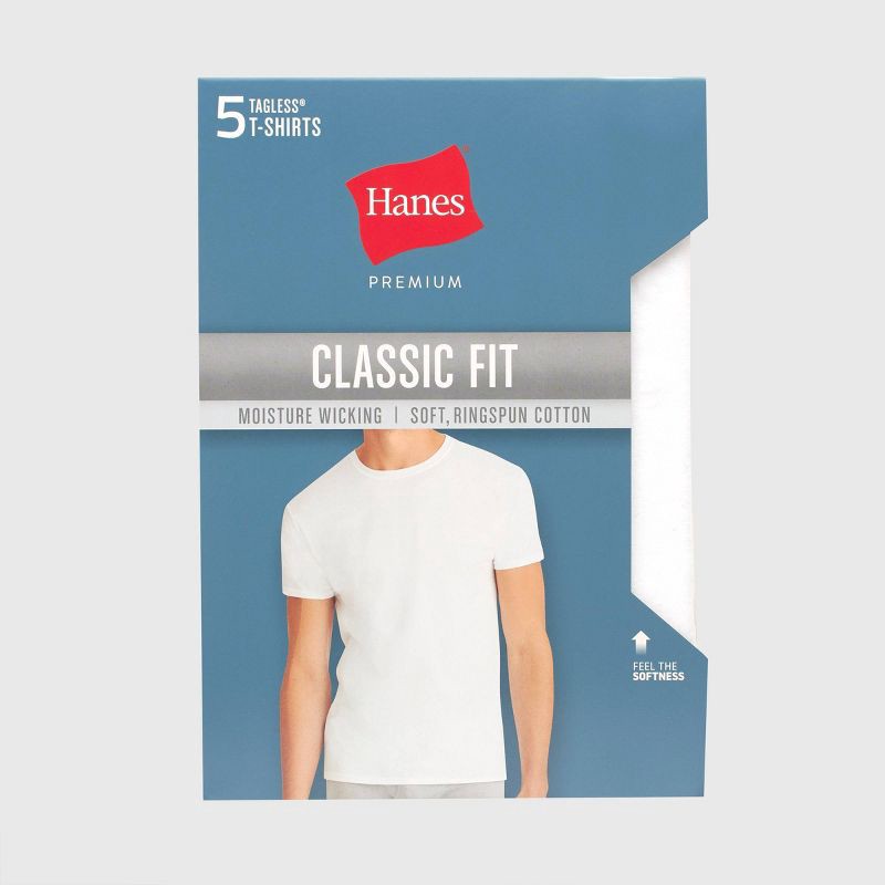 slide 4 of 4, Hanes Premium Men's Short Sleeve Crew Neck T-Shirt 5pk - White L: Cotton, Lightweight, Tagless, Moisture Wicking, 5 ct