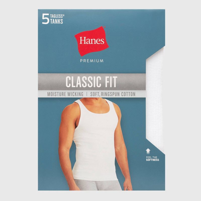 slide 4 of 4, Hanes Premium Men's Comfort Tank Top Undershirt 5pk - White L: Breathable, Moisture Wicking, Tagless, Jersey Fabric, 5 ct