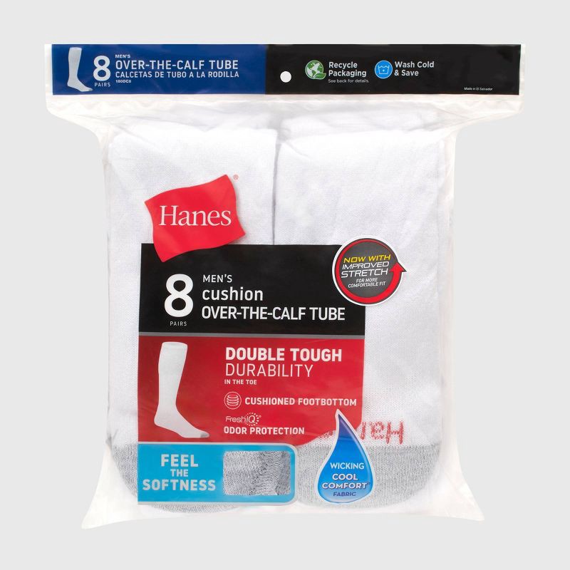 slide 3 of 3, Hanes Red Label Men's FreshIQ Over-the-Calf Tube Socks 8pk - White 6-12: Breathable, Moisture Wicking, Cushioned Sole, 8 ct