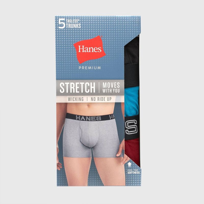 slide 5 of 5, Hanes Premium Men's Mid-Rise Stretch Trunks 5pk - Blue/Black/Gray L: Tagless, Breathable, Moisture Wicking, 5 ct