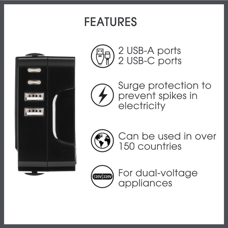 slide 5 of 11, Travel Smart All-in-One Adapter with USB A & C Ports: Black Power Adapter 5V, 17W Output, 1 ct