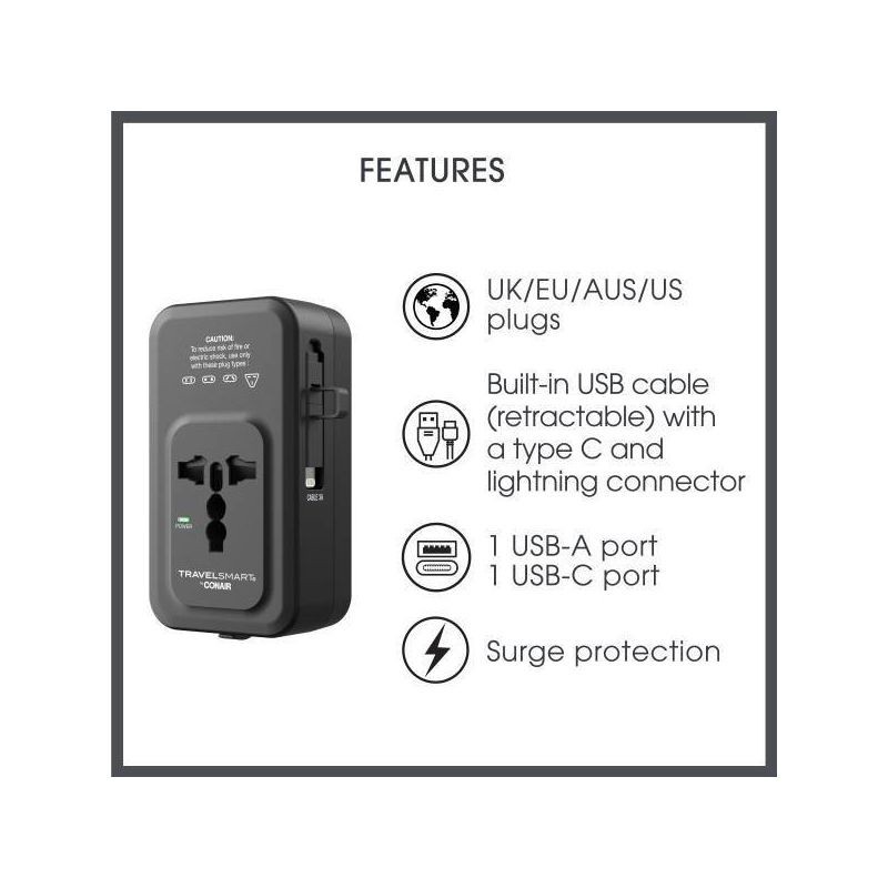 slide 5 of 9, Travel Smart Does-It-All Adapter with Cables & USB-A & C Ports: Chargers, 15W Output, 1 ct