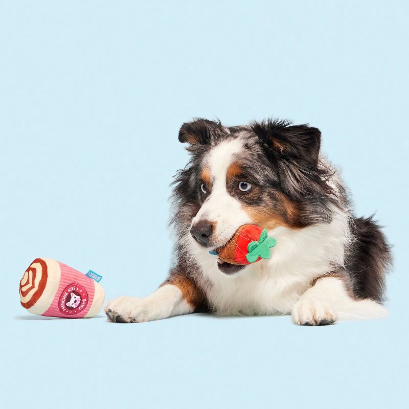 slide 6 of 6, BARK Valentines Frenchie Kiss & Strawberry Plush Dog Toy - 2pc, 2 ct
