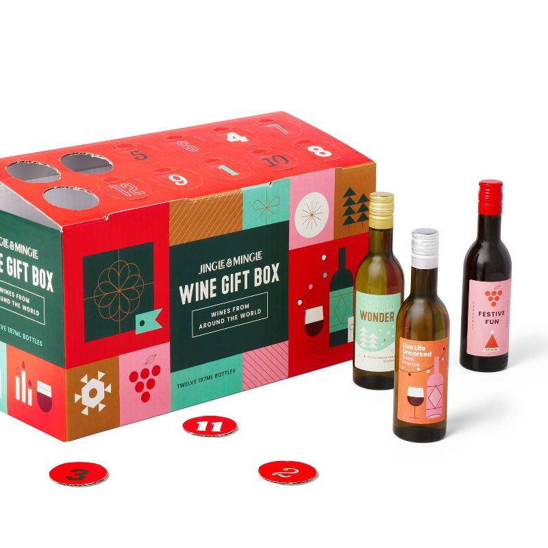 slide 2 of 3, Jingle & Mingle Wine Holiday Advent Calendar Gift Box Set - 12ct/187ml Bottles, 12 ct, 187 ml