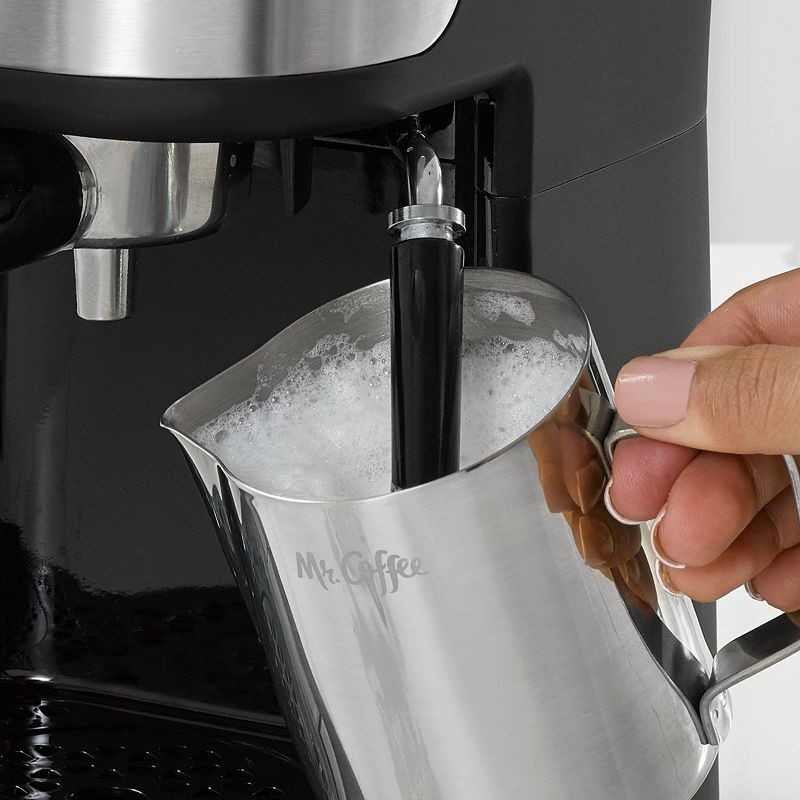 slide 8 of 9, Mr. Coffee Steam Espresso Maker with Stainless Steel Frothing Pitcher: 900W Electric, 8-Cup Capacity, Black, 1 ct