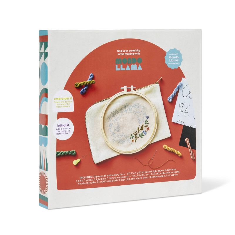 slide 3 of 5, Embroidery Pouch Kit - Mondo Llama™: Craft Activity Kit with Floss & Needle, Art & Design Theme, Adult Knitting Set, 1 ct