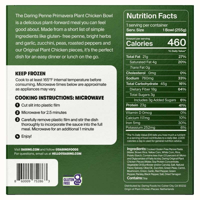 slide 3 of 3, Daring Foods Inc. Daring Frozen Gluten Free Penne Primavera Plant Based Chicken Bowl - 9oz, 9 oz