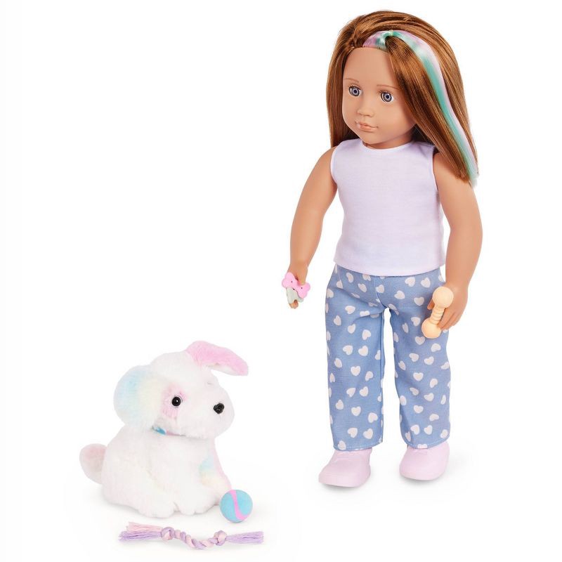 slide 2 of 8, Our Generation Skylar & Bow Matching 18'' Doll & Pet Rainbow Puppy Set, 1 ct