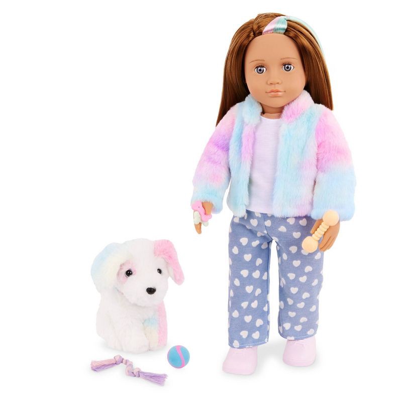 slide 3 of 8, Our Generation Skylar & Bow Matching 18'' Doll & Pet Rainbow Puppy Set, 1 ct