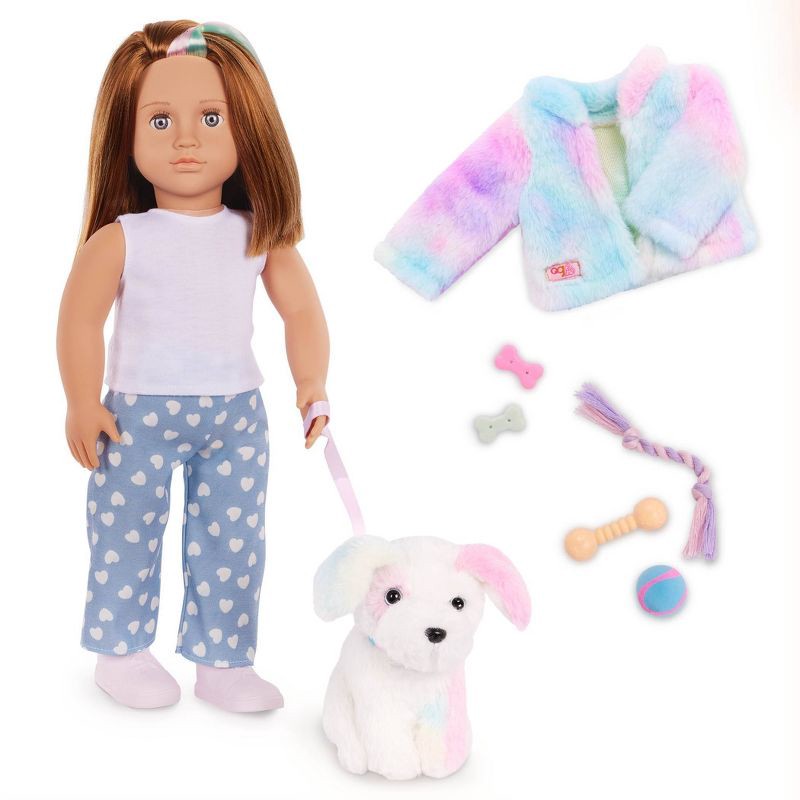 slide 1 of 8, Our Generation Skylar & Bow Matching 18'' Doll & Pet Rainbow Puppy Set, 1 ct
