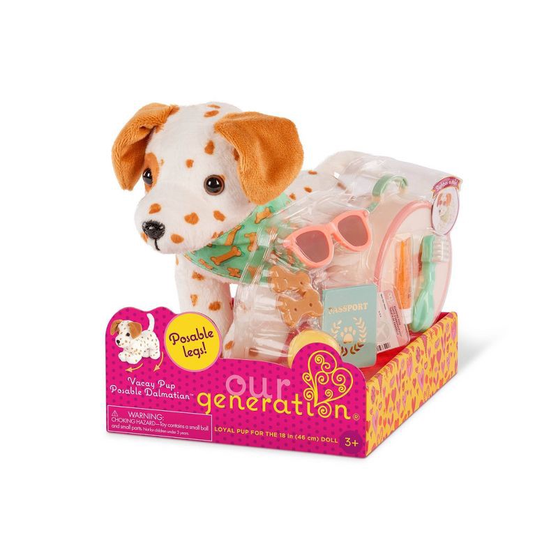 slide 5 of 5, Our Generation Vacay Pup Posable 6'' Lemon Dalmatian Dog Plush & Accessories Set for 18'' Dolls, 1 ct