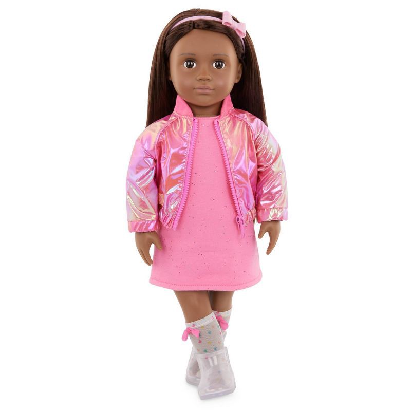 slide 2 of 4, Our Generation Splash of Pink Metallic Bomber Jacket & Dress Outfit for 18'' Dolls: Girl's Doll Clothing for Home and Family, 1 ct
