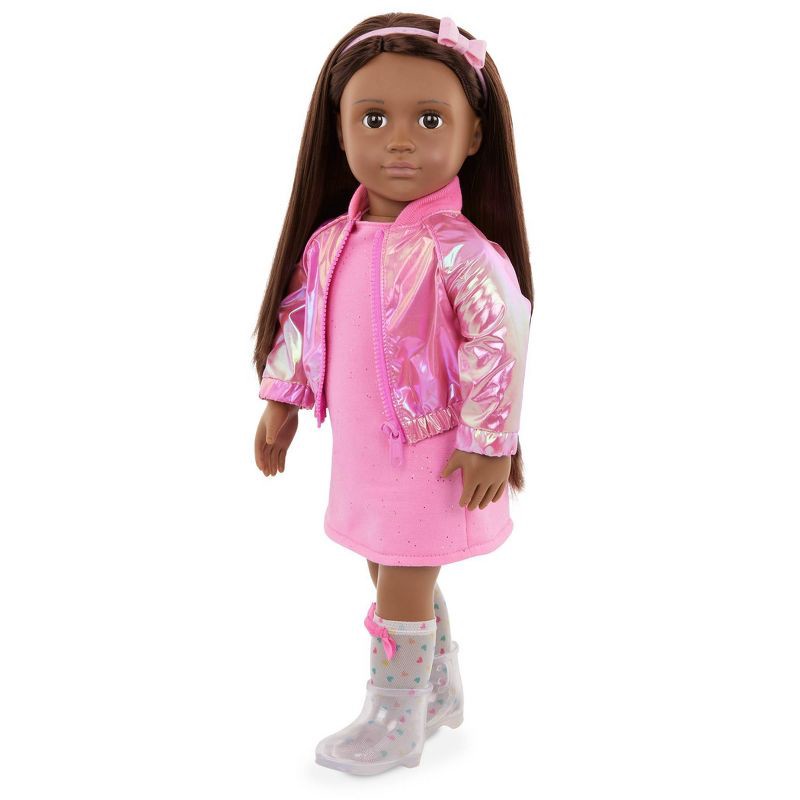 slide 3 of 4, Our Generation Splash of Pink Metallic Bomber Jacket & Dress Outfit for 18'' Dolls: Girl's Doll Clothing for Home and Family, 1 ct