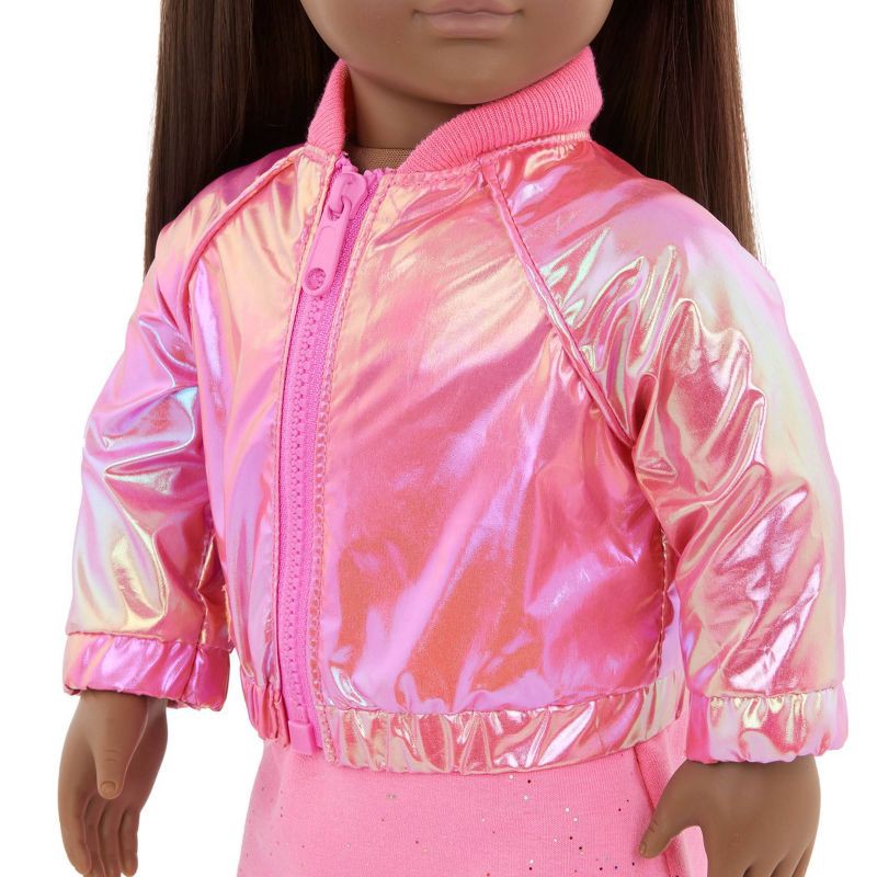 slide 4 of 4, Our Generation Splash of Pink Metallic Bomber Jacket & Dress Outfit for 18'' Dolls: Girl's Doll Clothing for Home and Family, 1 ct