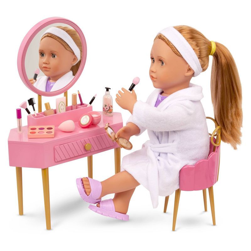 slide 2 of 7, Our Generation Fabulous Fun Pink Vanity Table & Chair Dollhouse Accessory Set for 18'' Dolls, 1 ct