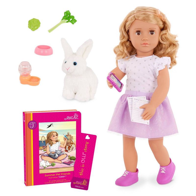 slide 1 of 9, Our Generation Tabby Posable 18'' Doll with Pet Bunny Plush & Storybook Set, 1 ct