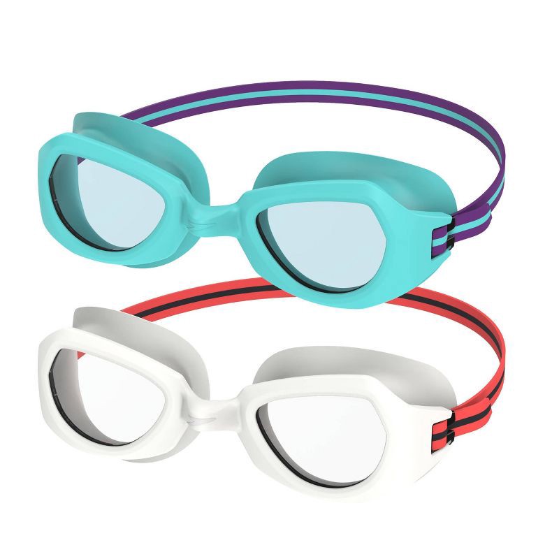 slide 2 of 3, Speedo Junior Sprinter 2pk Swim Goggles - White/Teal: Anti-Fog, Adjustable Strap, Ages 6-14, 2 ct