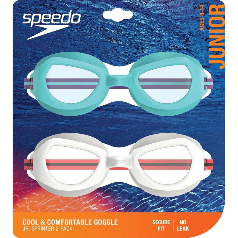 slide 3 of 3, Speedo Junior Sprinter 2pk Swim Goggles - White/Teal: Anti-Fog, Adjustable Strap, Ages 6-14, 2 ct