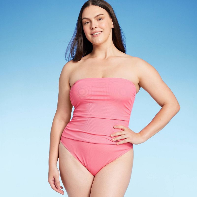 Women's Shirred Ribbed Bandeau Cheeky One Piece Swimsuit - Shade & Shore  Pink S 1 ct