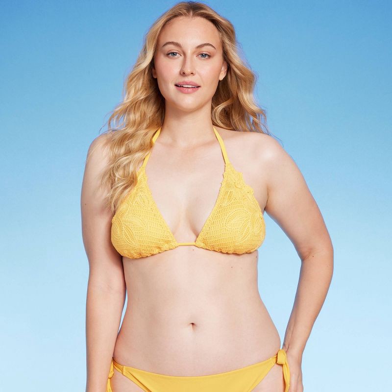 Women's Crochet Halter Triangle Bikini Top - Shade & Shore Yellow XS 1 ct