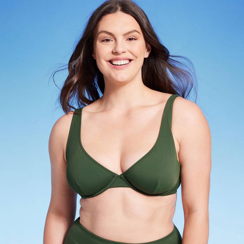 Women's Retro Ribbed Underwire Bikini Top - Shade & Shore Dark Green 38DD 1  ct