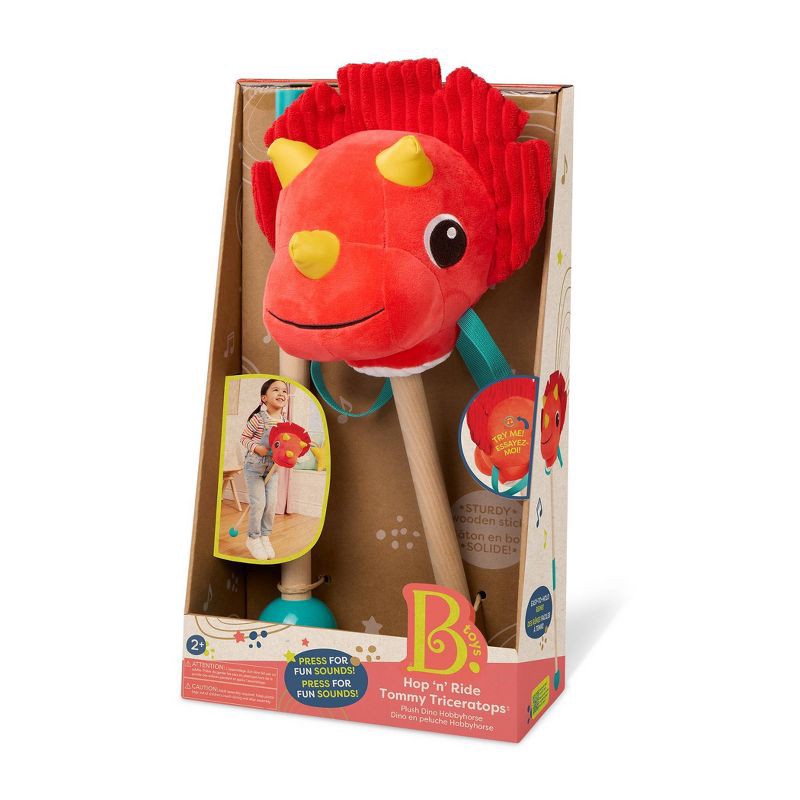 slide 9 of 9, B. toys Hop 'n' Ride Tommy Triceratops - Plush Dinosaur Hobbyhorse with Sounds, 1 ct